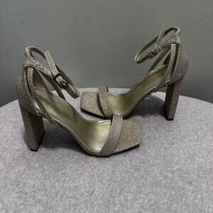 Light Gold Sparkle Open Toe ankle strap  Chunky High Heel Shoes Size 6.5